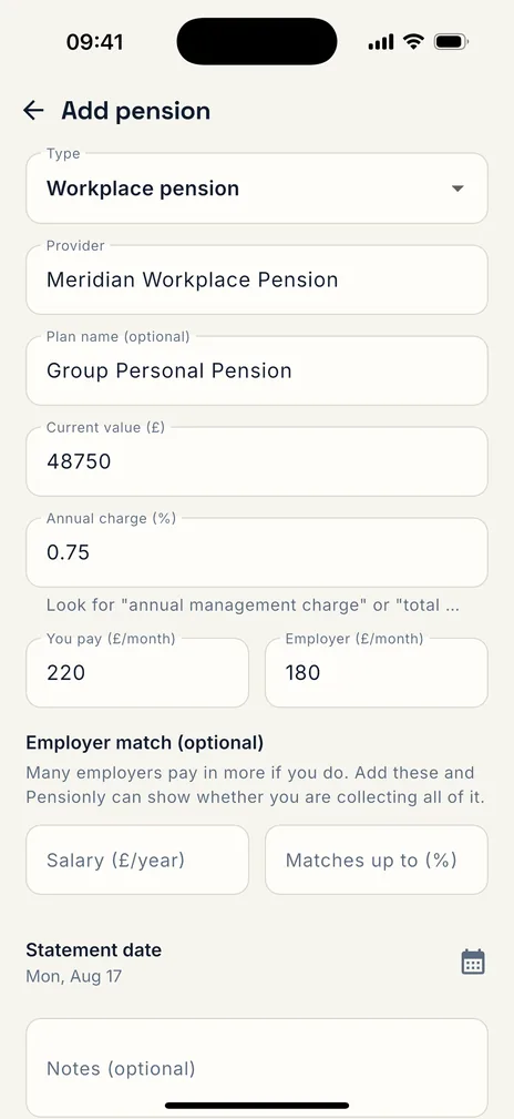 Pensionly app — Add a new pension in under a minute