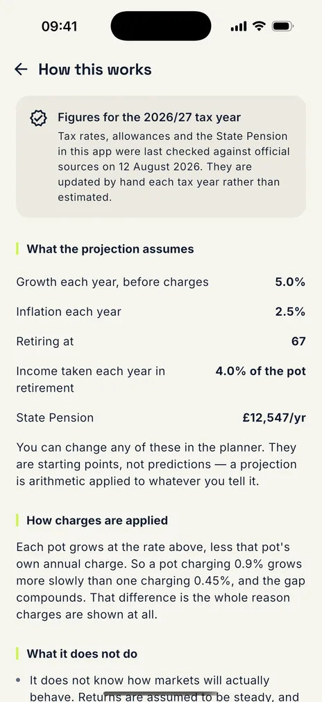 Pensionly app — No account — nothing leaves your phone