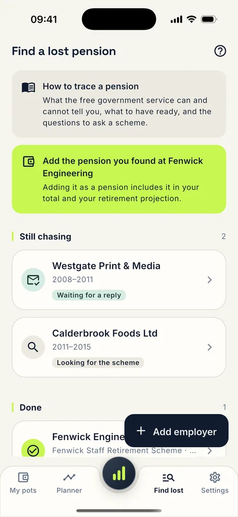 Pensionly app — Trace pensions you have left behind
