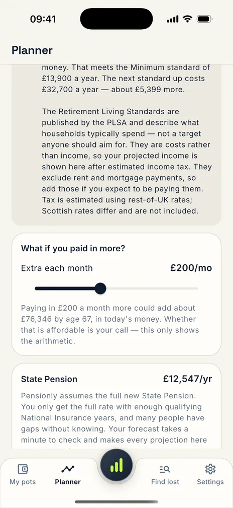 Pensionly contribution what-if showing the effect of paying in more